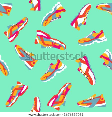 Seamless pattern. Set of colorful bright yellow pink blue orange sneakers. Vector flat illustration. Simple illustration of fitness and sport, gym shoe. Sign shop graphics