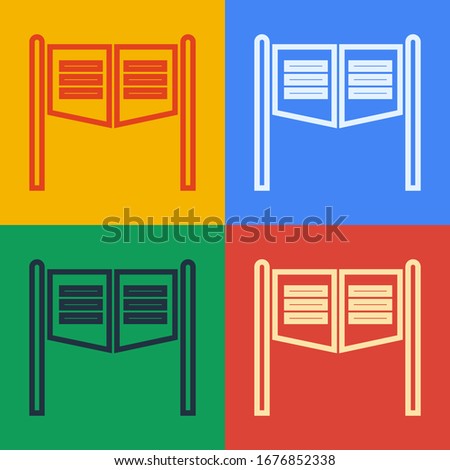 Pop art line Old western swinging saloon door icon isolated on color background.  Vector Illustration