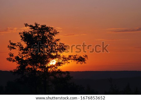 colored sunrise with golden clouds on the sky in summer season