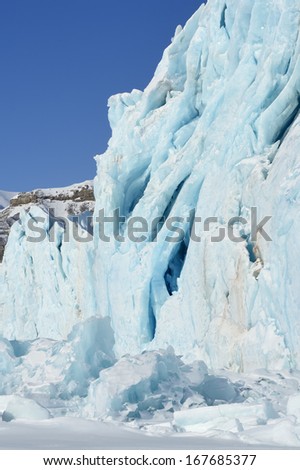 Front of a glacier ending against pack ice.