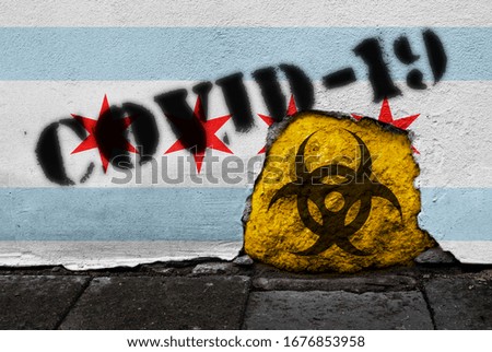 Flag of the city of Chicago on the wall with covid-19 quarantine symbol on it. 2019 - 2020 Novel Coronavirus (2019-nCoV) concept, for an outbreak occurs in Chicago, Illinois, US.