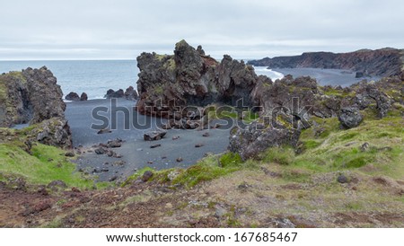 Wide view of Iceland beach with lava rocks