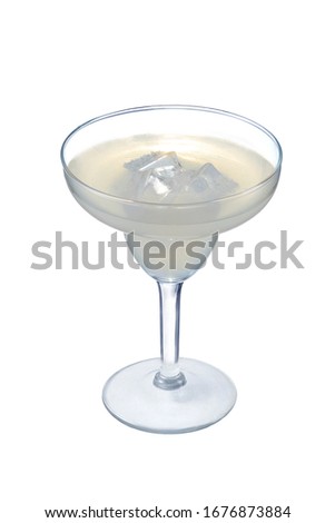 Daiquiri cocktail with ice cubes is contained in a margarita glass. The showy illustrative picture is made on the white background.