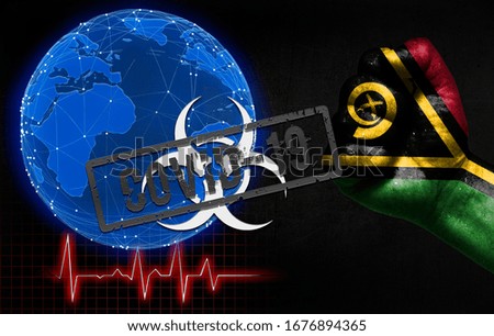 A new coronavirus disease called Covid-19 in Vanuatu, with a male fist shown and a country flag. Coronavirus disease control concept in countries around the world.