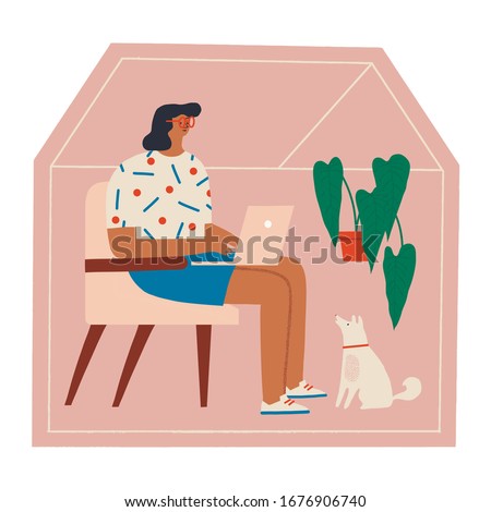 Women siting in a chair with dog and working online at home illustration. Social distancing and self-isolation during corona virus quarantine. Royalty-Free Stock Photo #1676906740