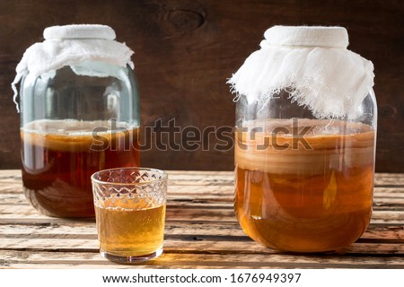Kombucha is fermented tea. Not only does it have the same benefits as tea, but it is also rich in useful probiotics. Royalty-Free Stock Photo #1676949397