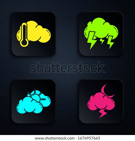 Set Storm, Thermometer and cloud, Sun and cloud weather and Storm. Black square button. Vector