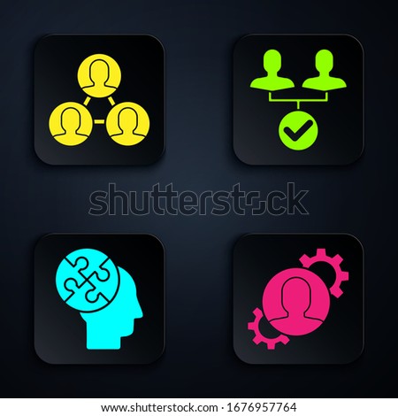 Set Human with gear inside, Project team base, Human head puzzles strategy and Project team base. Black square button. Vector