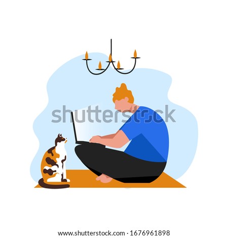 a person makes an order online. a man with a cat. vector image of a man with a computer