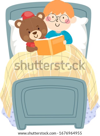Illustration of a Kid Boy Reading a Book in Bed with His  Imaginary Friend, a Teddy Bear Stuffed Toy
