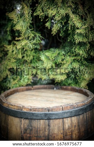 Wooden old barrel and spring garden background.Free space for your decoration and copy space for your decortion. 