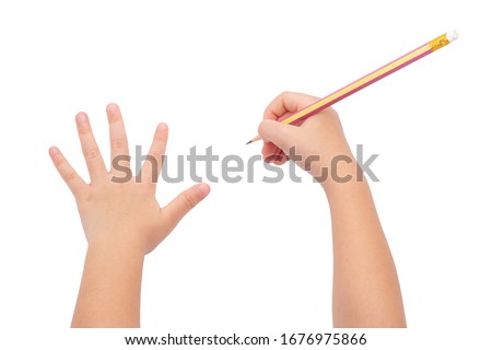 The child's hand with pencil isolated on a white background. People, Childhood, Gesture, Body parts concept.