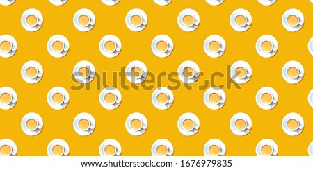 Pattern of white cup of coffee on yellow color background. Pop art minimal, flat lay, style design, creative concept. Top view. Copy space.
