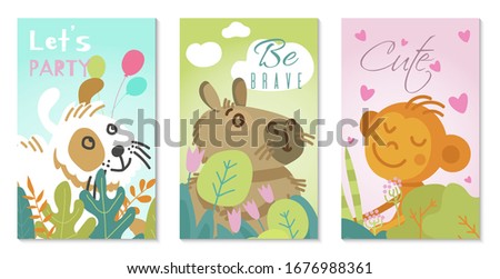 Vector Illustration of cute animals with banner blank sign lets party for white puppy or cat, be brave for rabbit and cute monkey on white background. design cartoon character happy baby pets on card.
