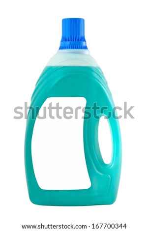 Transparent detergent plastic bottle with turquoise liquide isolated on gray, with blank for text