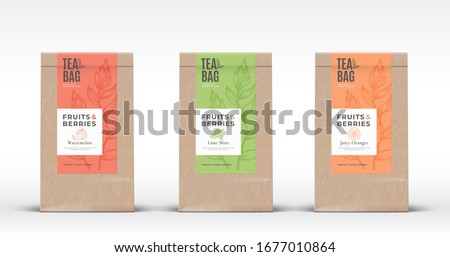 Craft Paper Bag with Fruit and Berries Tea Labels Set. Abstract Vector Packaging Design Layout with Realistic Shadows. Hand Drawn Watermelon, Orange and Mint Branch Silhouettes Background. Isolated. Royalty-Free Stock Photo #1677010864