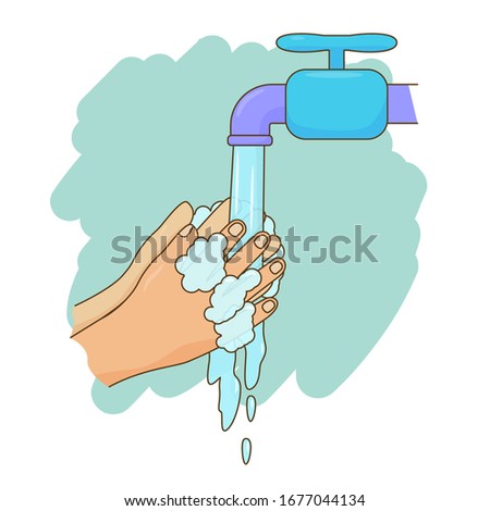 Washing hand vector illustration with soap in cute cartoon style 