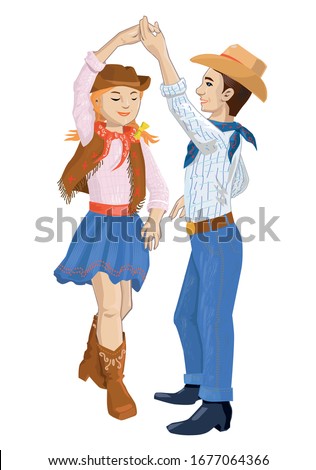 Kids Dancing Country Dance. American children, dancing couple. Vector illustration