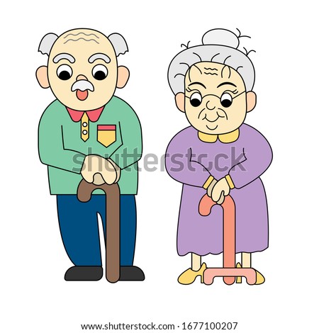 Grandfather and grandmother Crutches Elderly. Old senior man and woman standing or walking. Aged gray haired couple. Health care and Ageing Society concept. flat cartoon design. Vector, illustration.