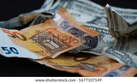 Money European and American paper money banknotes                              