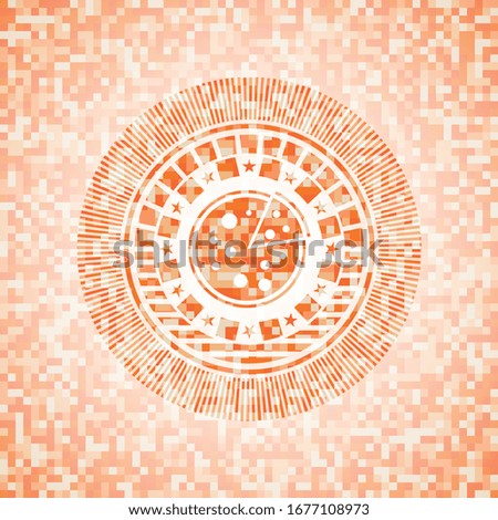 pizza icon inside abstract orange mosaic emblem with background