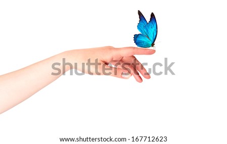 butterfly on woman's hand. In motion concept isolated
