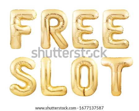 Free slot words made of golden inflatable balloons isolated on white background. Online casino gambling concept