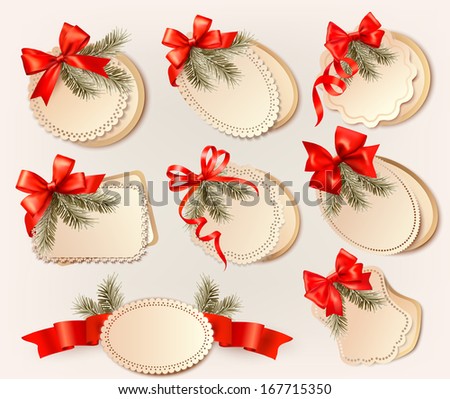 Set of christmas gift cards with red gift bows with ribbons Raster version.