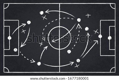 Chalk soccer strategy. Football team strategy and play tactic, soccer cup championship chalkboard game formation vector illustration set. Blackboard and chalkboard, soccer team strategy Royalty-Free Stock Photo #1677180001