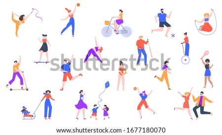 Outdoor activity. Characters jogging and do sports, outdoor healthy activities, riding kick scooter, roller skating and cycling vector icon set. Character activity sport, badminton illustration Royalty-Free Stock Photo #1677180070