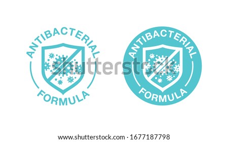 Antibacterial formula stamp - shield with crossed bacteries inside - vector isolated sign for antiseptic cosmetics and medical pharmaceutical products Royalty-Free Stock Photo #1677187798