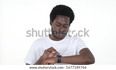 Casual Man Browsing Internet on Smartwatch, White Background