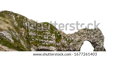 Durdle Door isolated on white background. It is a natural limestone arch on the Jurassic Coast near Lulworth in Dorset, England