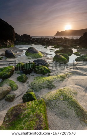 Sunset at Nanjizal, also known as Mill Bay, a beach and cove near Lands End, Cornwall Cornwall England UK Europe