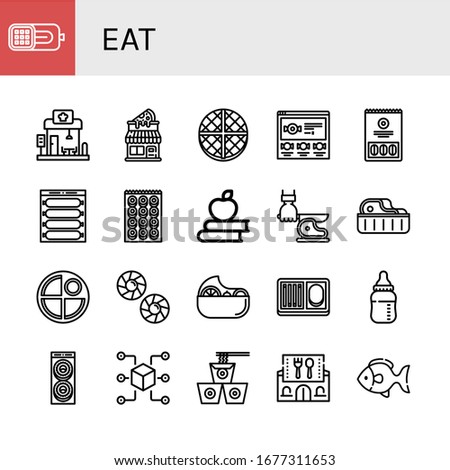 eat simple icons set. Contains such icons as Ham, Restaurant, Pizza shop, Wafer, Candy, Watermelon, Sausage, Bagel, Apple, Knife, Steak, Pancake, can be used for web, mobile and logo