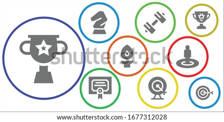 Modern Simple Set of winner Vector filled Icons. Contains such as Trophy, Horse, Sport, Merit, Goal, Torch, Target, Award and more Fully Editable and Pixel Perfect icons.