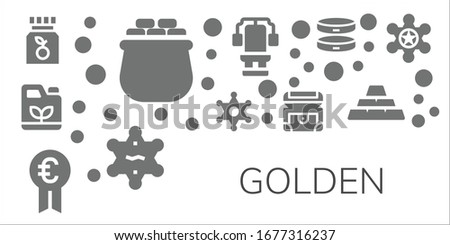 golden icon set. 11 filled golden icons.  Simple modern icons such as: Vitamin c, Gold, Gasoline, Sheriff, Prize, Chest, Bracelet, Ingots