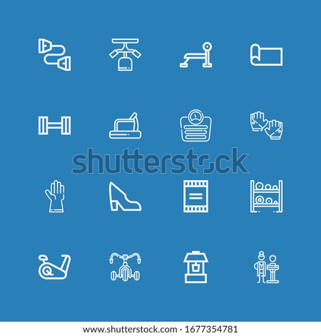 Editable 16 fitness icons for web and mobile. Set of fitness included icons line Nutritionist, Well, Bicycle, Stationary bike, Dumbbell, Powder, Shoe, Gloves on blue background