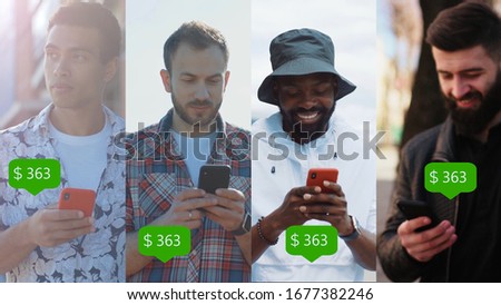 People Using the Mobile Phone. Multiscreen on People Using Smartphone in Everyday Life. App Icon with Online Transaction. Financial Transactions in the Smartphone. Receive a Message About Increase