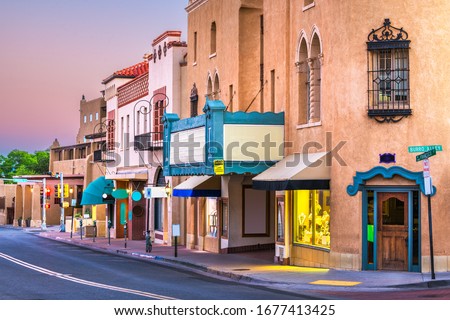 Santa Fe, New Mexico, USA streets at dusk.