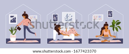 Stay home concept. Girl takes care for houseplants, reading book, doing yoga. Cozy modern scandinavian interior. Self isolation, quarantine due to coronavirus. Set of illustration of  home activities Royalty-Free Stock Photo #1677423370