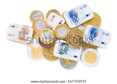 Gold coins of one euro, on a white background