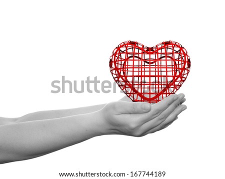 Concept or conceptual 3D red heart sign or symbol held in hands by a woman or child isolated over a white background as a metaphor for love,holiday,wedding,care,valentine,protection or romantic