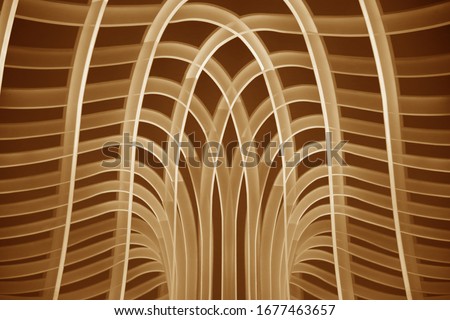 Collage photo of curved timber. Abstract architecture and interior design. Geometric pattern of parallel lines.