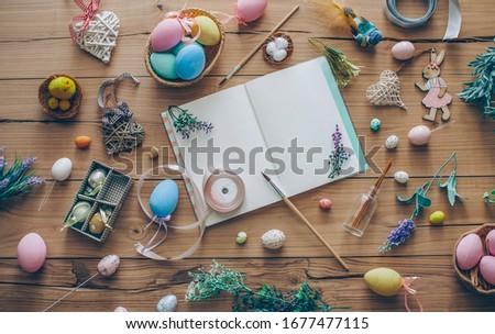 Easter concept. Wooden background. Easter eggs. 