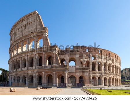Colosseum or Coliseum (Flavian Amphitheatre or Amphitheatrum Flavium also Anfiteatro Flavio or Colosseo. Oval amphitheatre in Rome, Italy Royalty-Free Stock Photo #1677490426