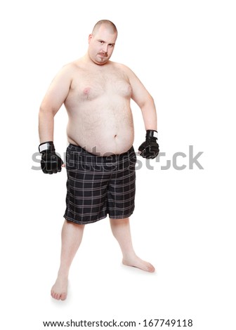 Overweight man with boxing gloves. 