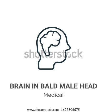 Brain in bald male head outline vector icon. Thin line black brain in bald male head icon, flat vector simple element illustration from editable medical concept isolated stroke on white background