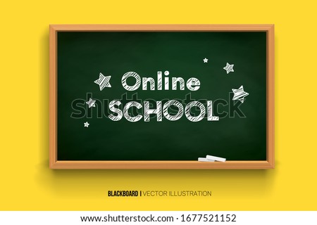 Back to school. online learning. Chalk inscription on a blackboard. Chalkboard 3D. Realistic black boards in a wooden frame isolated on a yellow background. Background for school Royalty-Free Stock Photo #1677521152