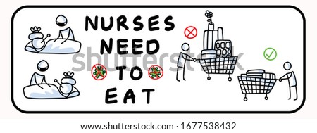 Don't panic buy stockpile. Nurses need to eat. Corona virus covid 19 stickman shopping cart infographic. Right and wrong selfish shopping. Hospital nurse and doctor staff support graphic clip art.